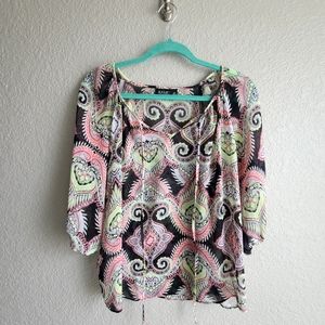 A.N.A sheer blouse with 3/4 elastic sleeves, petite medium, multicolor design